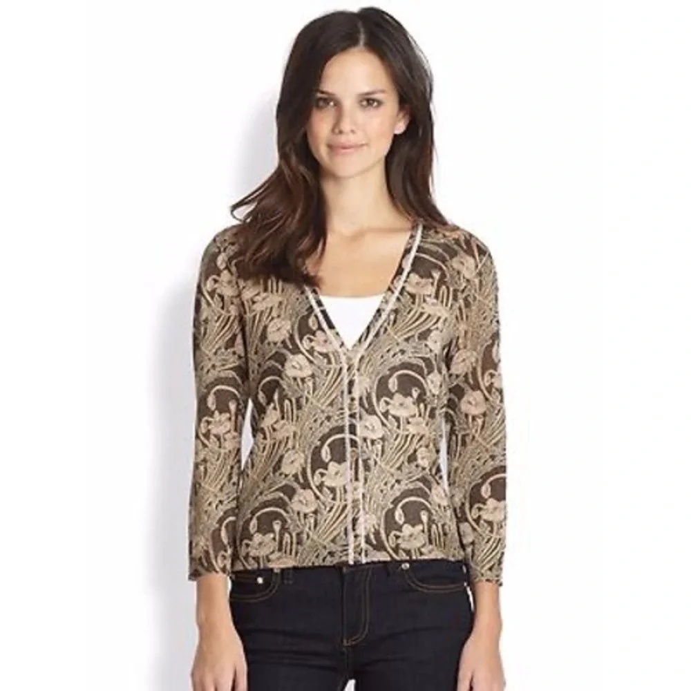 Tory Burch Vanessa Metallic Floral Jacquard Cardigan –‎ Brown & Gold